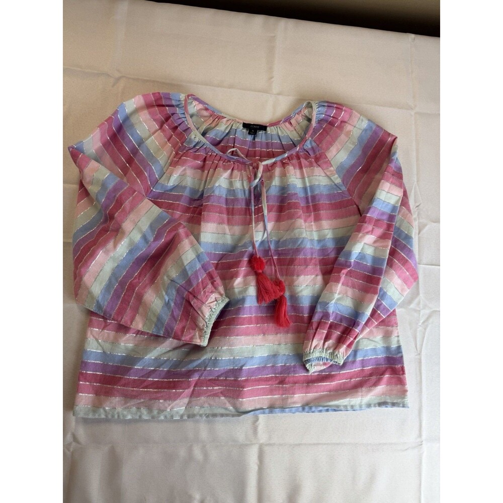 J. CREW Womens Peasant Top Metallic Pastel Stripe Rainbow Tassels Sz M